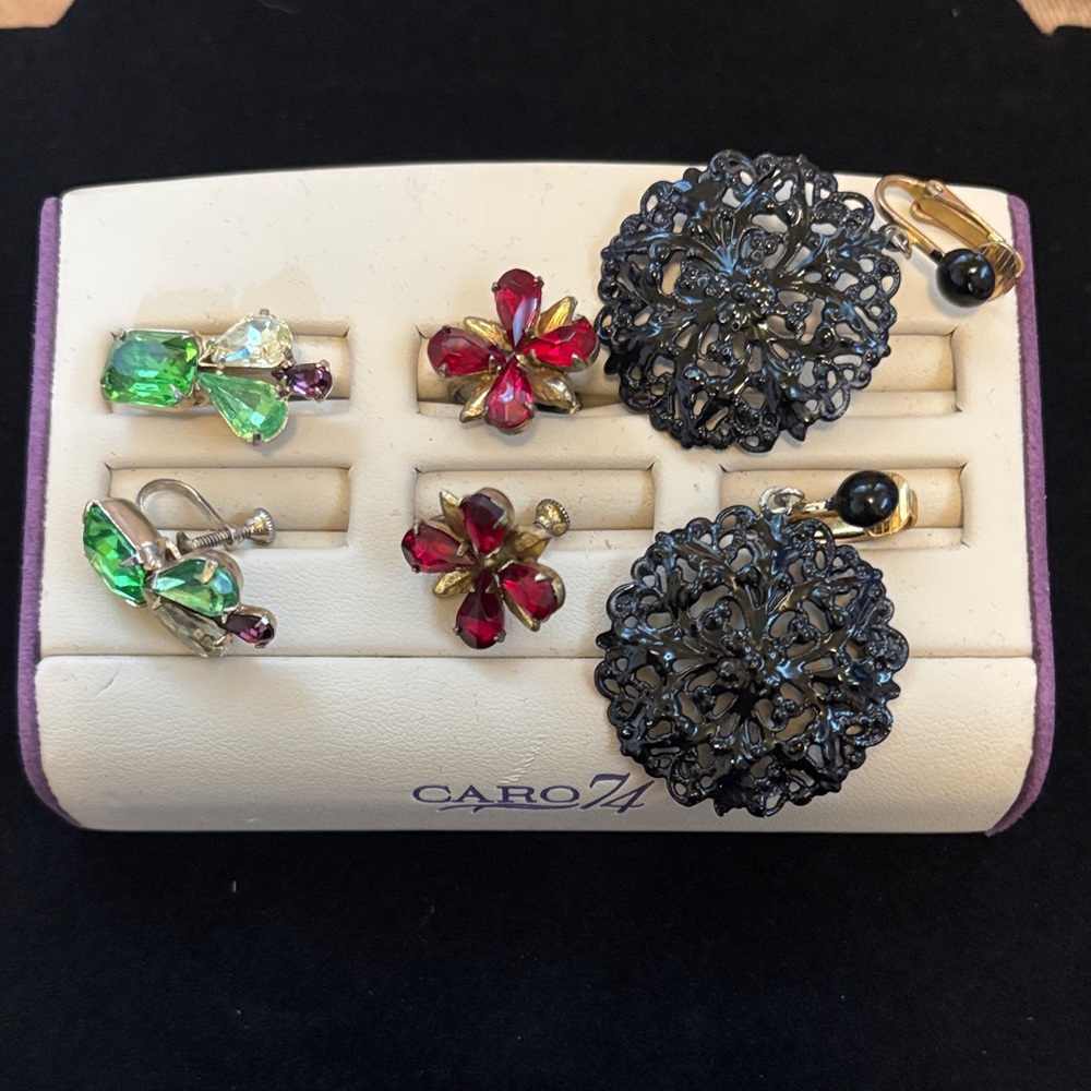 Vintage Green, Red, & Black Clip On Earrings Sets
